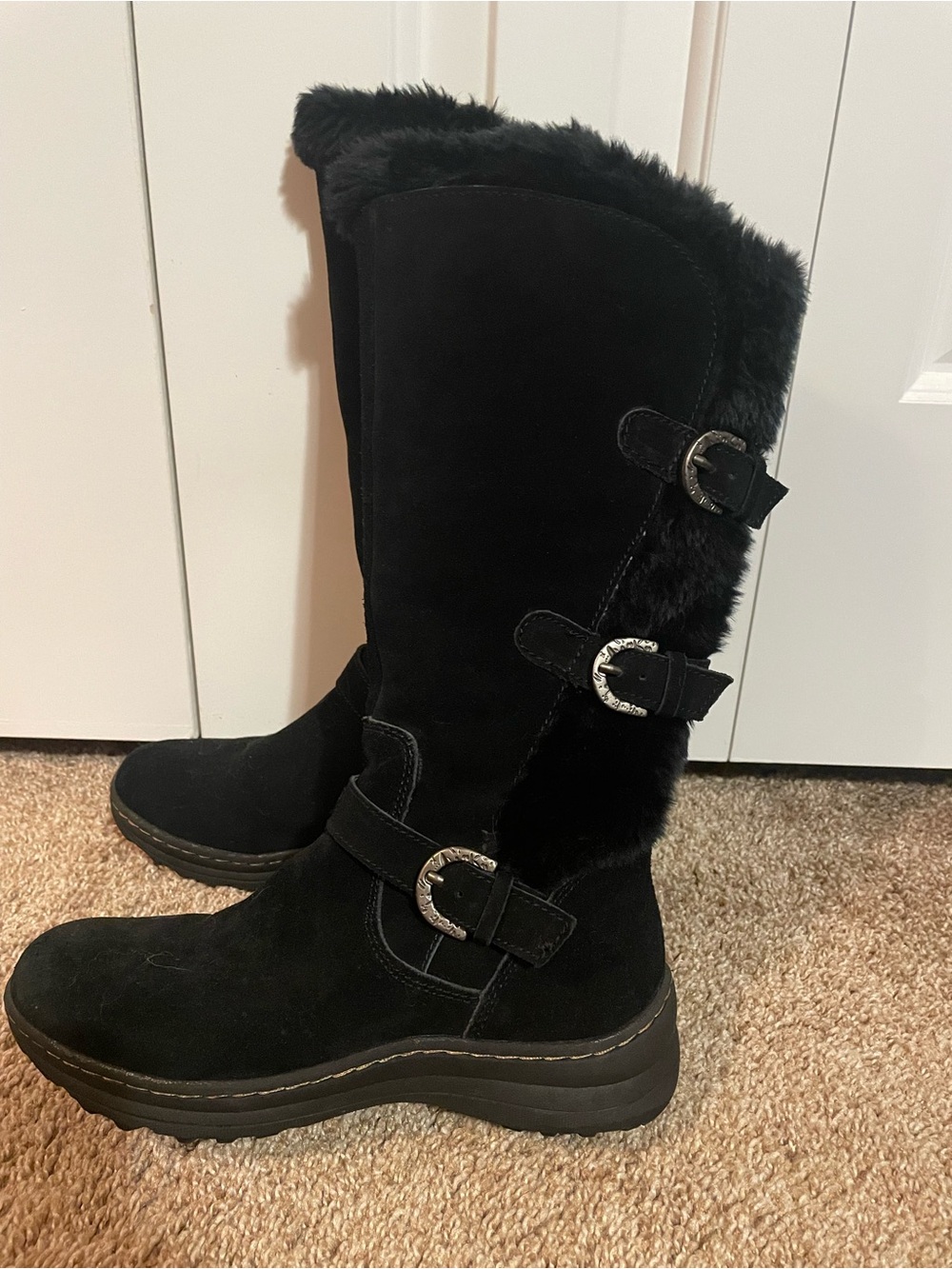 BareTraps Black Faux-Fur Mid-Calf Buckle Winter Boots